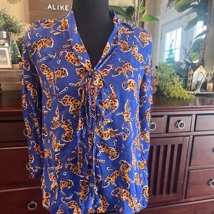 Anthropologie Blue and Orange Animal Print Leopards Blouse Top